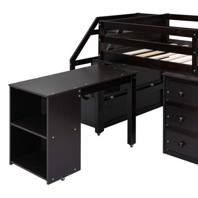 Jesska Low Loft Bed with Freestanding Desk, Storage Stairs, Dresser and Bookcase