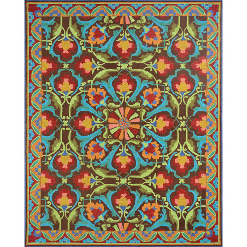 Porcelain Jar Floral Hand Hooked Wool Green/Blue/Red Area Rug, Rectangle 8' x 10'