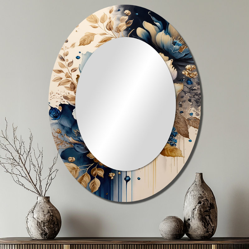 Miroir mural bleu et doré Floral Bunch III - Bleu, 40 po x 30 po