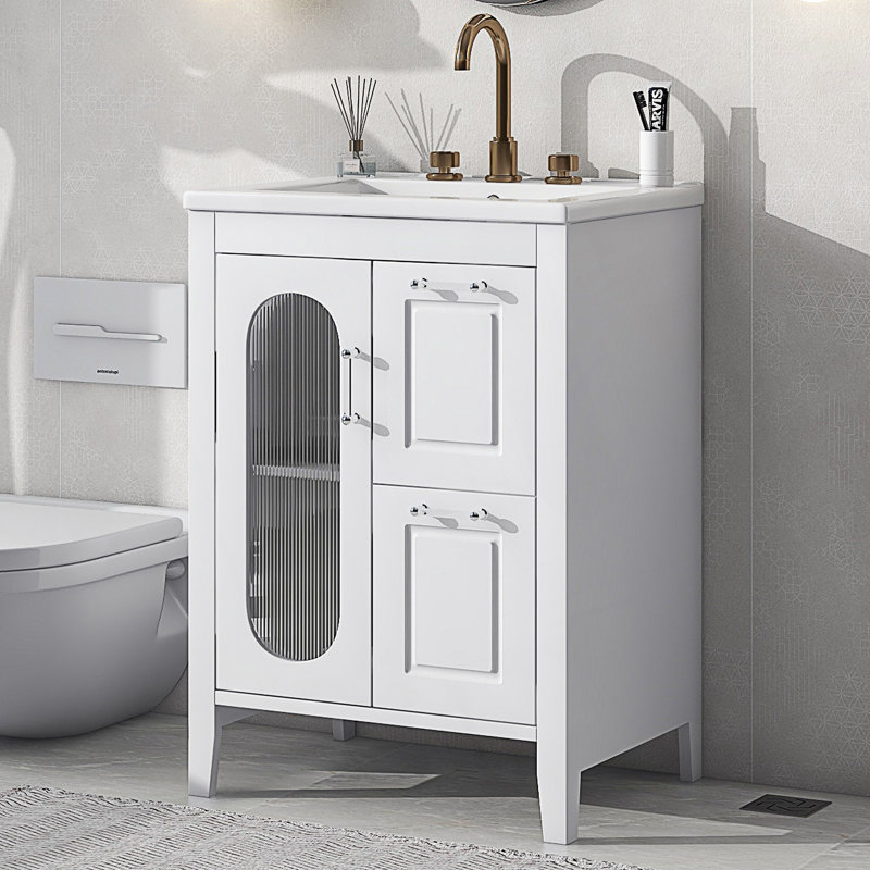 Meuble-lavabo avec lavabo, meuble-lavabo avec deux tiroirs et porte, Blanc