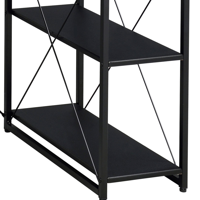 Bureau noir avec tablettes ouvertes, idéal pour le bureau - Grand espace de rangement avec 1 tiroir et 8 compartiments. Structure robuste en bois et en métal, avec passe-câbles intégré et design élégant.