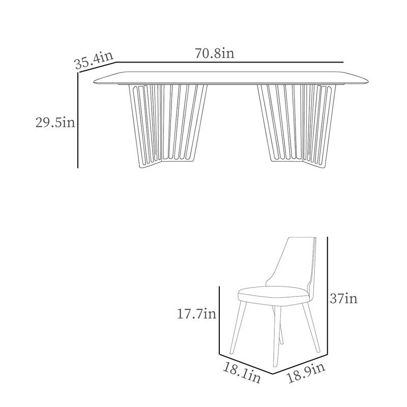 Simple Rectangular Rock Slab Dining Table Sets, 29.5"H x 70.8"L x 35.4"W