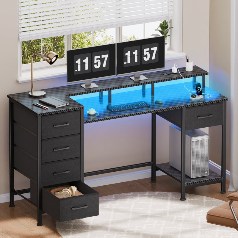 Computer Desk with Monitor Stand & Charging Station, Gaming Desk with LED Lights & Drawers, 29.8" H x 47.2" W x 18.8" D