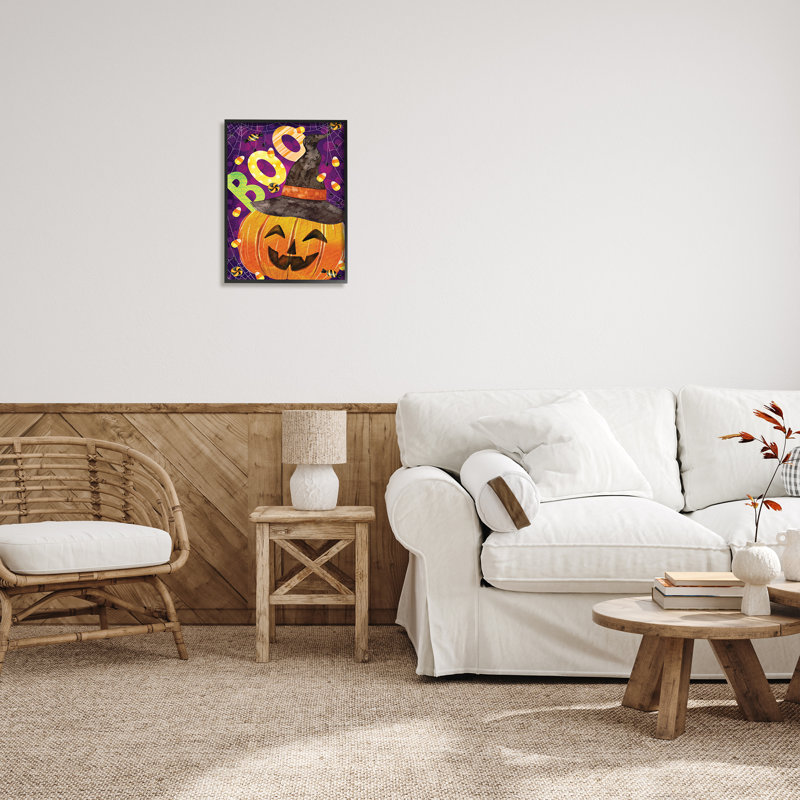 Boo Jack-o-Lantern, bonbon d'Halloween, encadré sur bois par ND Art, impression, H 20 po x l 16 po x P 1,5 po