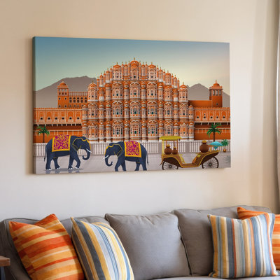 Toile, une illustration vibrante et stylisée de l'architecture emblématique de Jaipur avec le Grand Hawa Mahal dans des tons chauds d'art sur toile