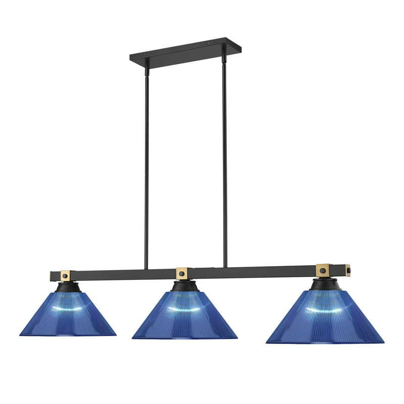 Arles 3 Light Billiard in Matte Black + Rubbed Brass, 9.5" H x 14" W x 52.75" D, Blue