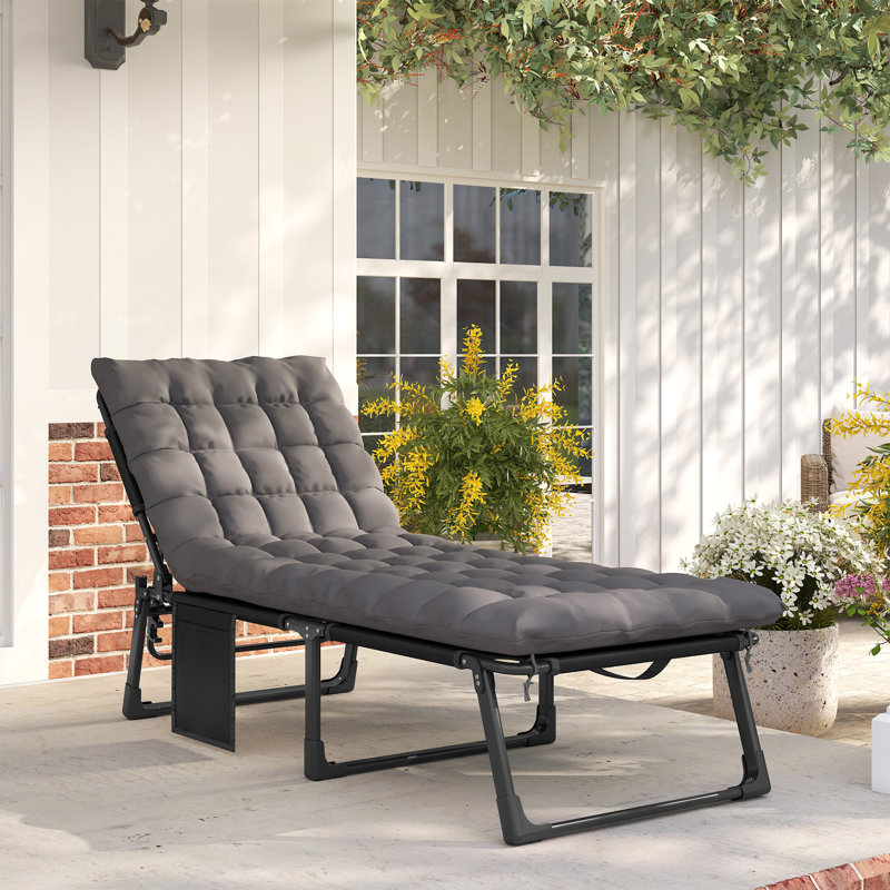 Chaise Lounge Chair Outdoor, 5-Position Reclining Pool Lounge Chair with Cushion, Side Pocket, Headrest, Folding Lounger Tanning Chair Camping Cot for Patio, Beach, Dark Gray