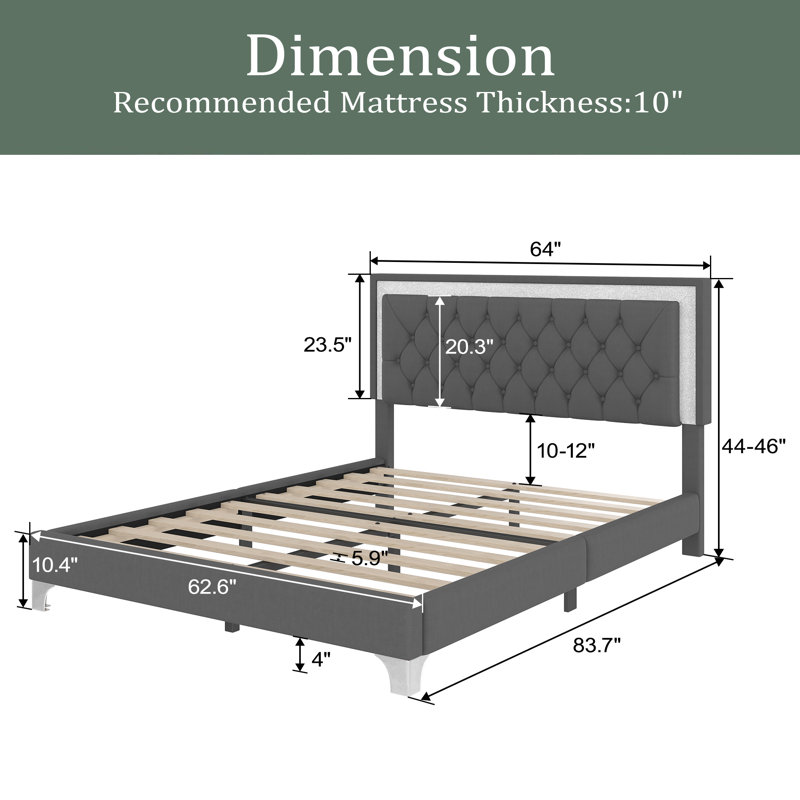 Grand cadre de lit tapissier grand avec lumières DEL, lit plateforme moderne en velours avec tête de lit capitonnée, Gris