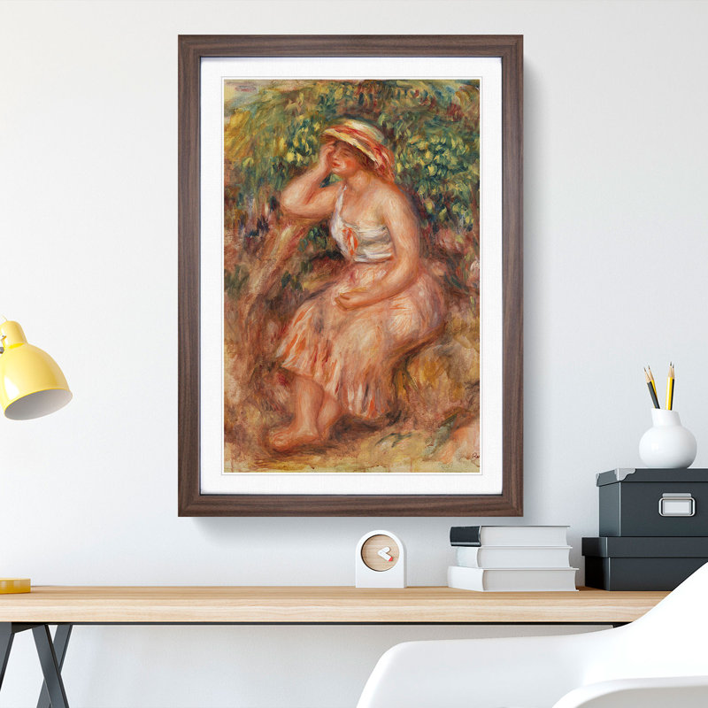 Woman Daydreaming by Pierre-Auguste Renoir - Picture Frame Painting, 90cm H x 65cm W x 2cm D, Walnut