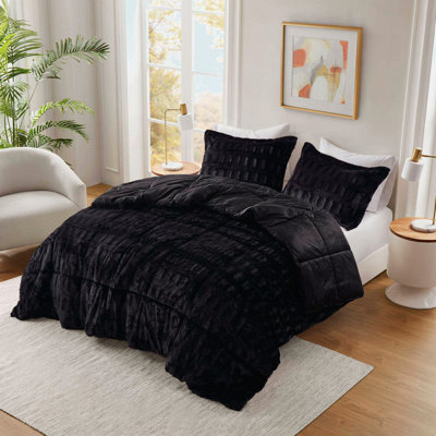 2 PCS Twin/Twin XL Solid Faux Fur Comforter Mini Set Black