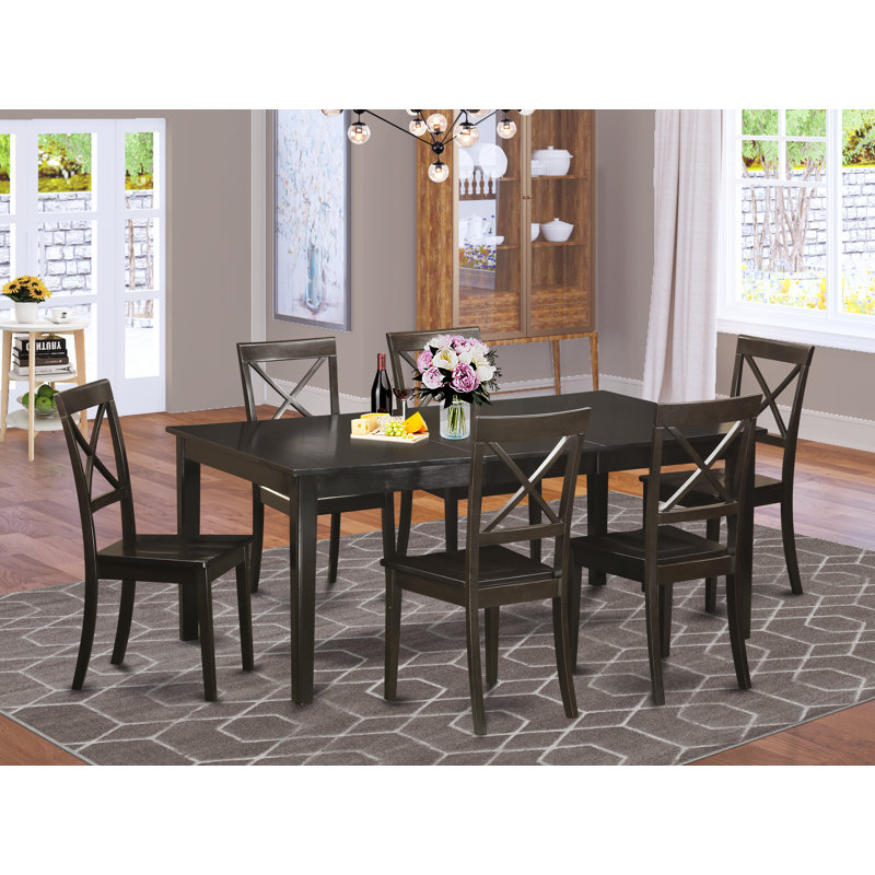 Ensemble de salle à manger 7 pièces composé d'une table de salle à manger rectangulaire avec piédestal et 6 chaises en bois, cappuccino