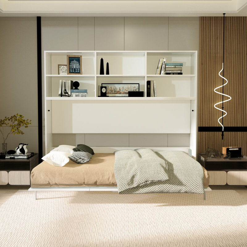 Lit simple avec étagère de rangement - Économie d'espace, mur blanc