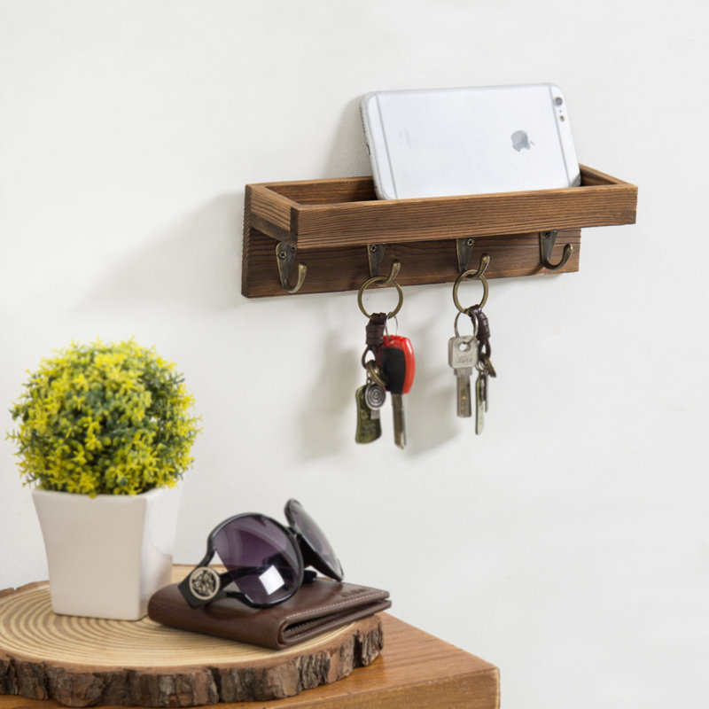 Baillons Wall 25.4cm Storage Organiser with Key Hooks and Corkboard, Dark Brown