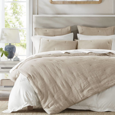 Courtepointe 3 pièces en gaze de coton brodée de couleur taupe, naturelle légère pour toutes les saisons, taies décoratives assorties incluses double / grand, avec texture froissée, utilisation saisonnière,