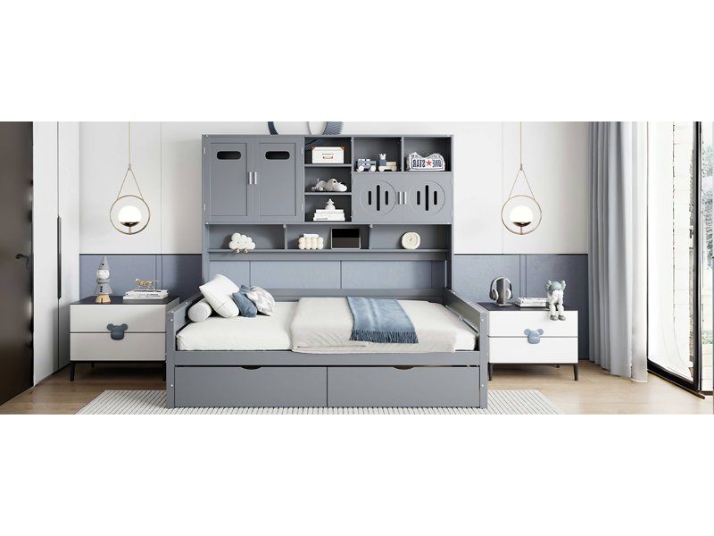 Size Wooden Daybed With 2 Drawers, And All-In-One Cabinet And Shelf,