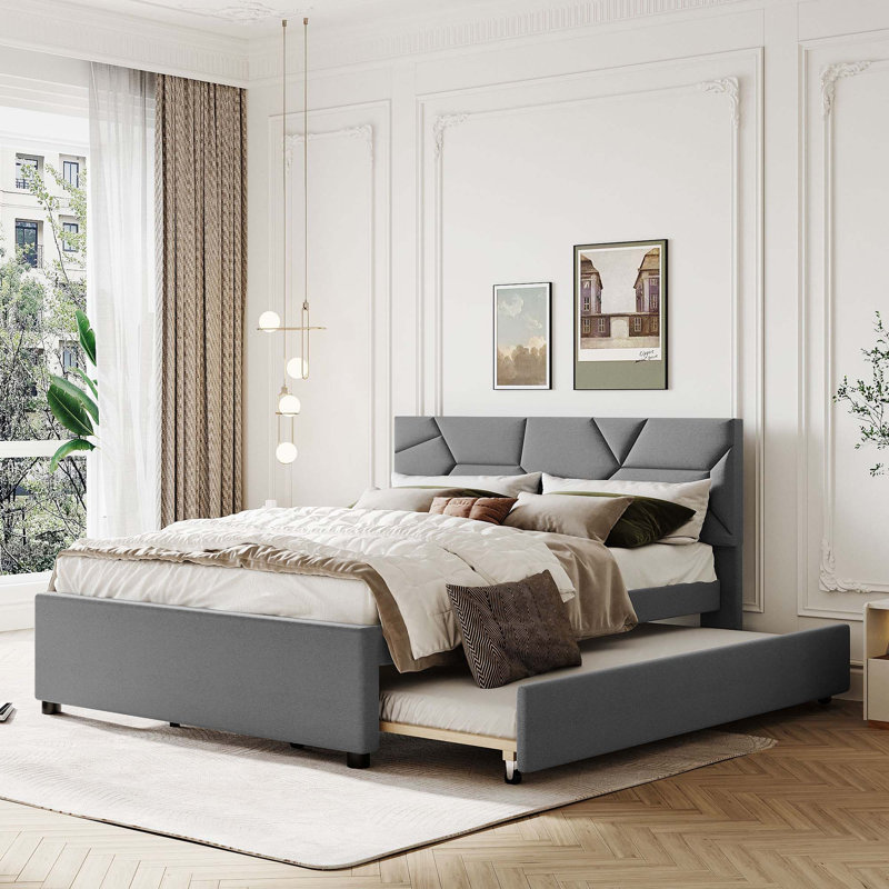 Lit plateforme tapissier avec lit gigogne, Gris, Grand