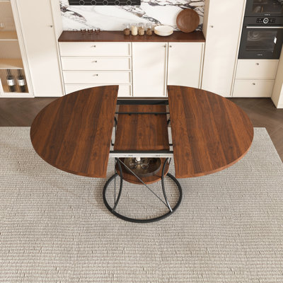 43 inch Round Dining Table for 4-6, Expandable Farmhouse Kitchen Table with Storage Shelf & Metal Base, Brown & Black Extendable Wood Table from 43 to