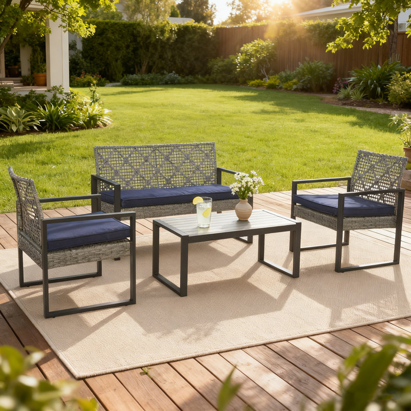 Ensemble de conversation de patio en osier 4 pièces avec table basse, Coussin bleu, Rotin gris clair