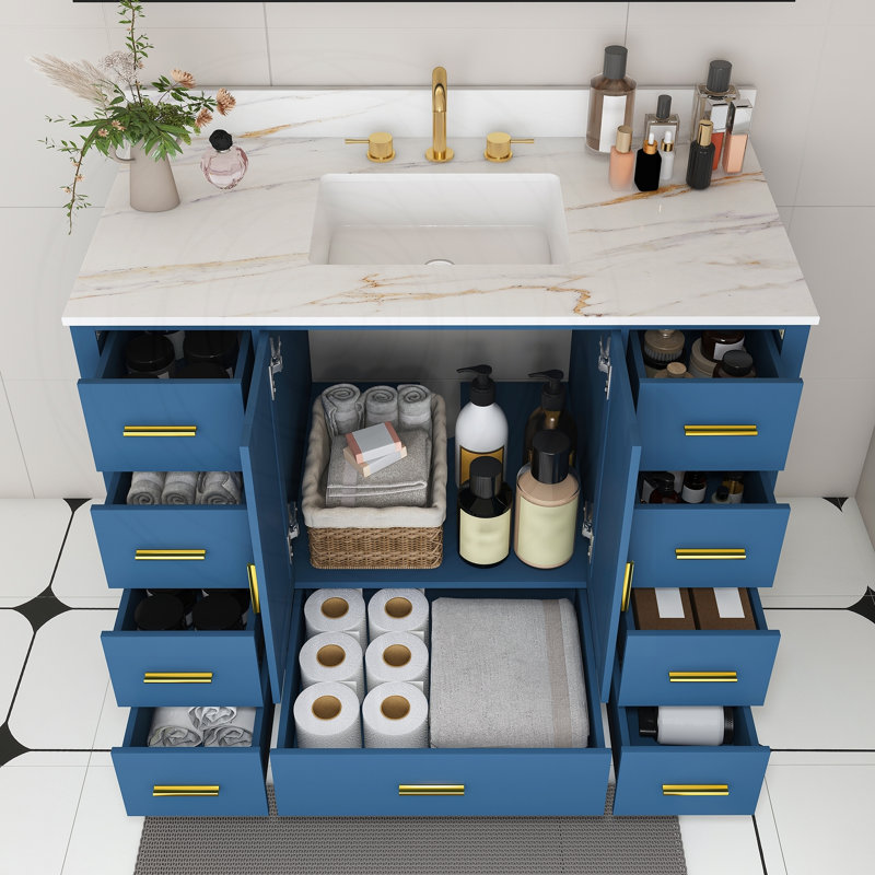Meuble-lavabo moderne en bois massif de 42 po avec comptoir en pierre frittée et 9 tiroirs, Blue, Widespread