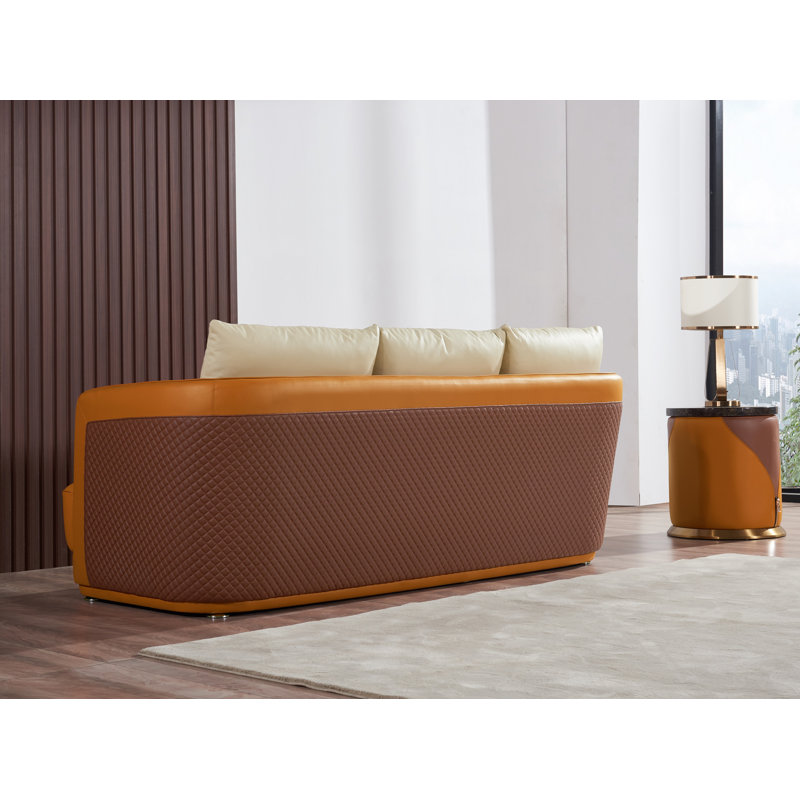 Glamour Leather Sofa, Orange/Brown Genuine Leather, 32.5" H x 87.5" W x 37.5" D, 3