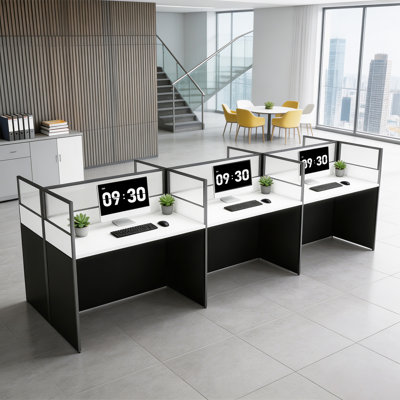 6 Person Cubicle Desk with Frosted Acrylic Privacy Partition, Office Desk Staff Desk Workstation, White