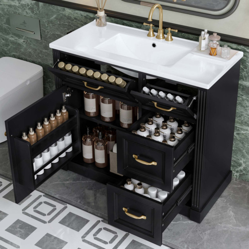 Meuble-lavabo de salle de bain avec lavabo, armoire avec 4 tiroirs, porte à fermeture en douceur et tablette réglable, lavabo en céramique, meuble-lavabo moderne pour l'organisation de la salle de bain