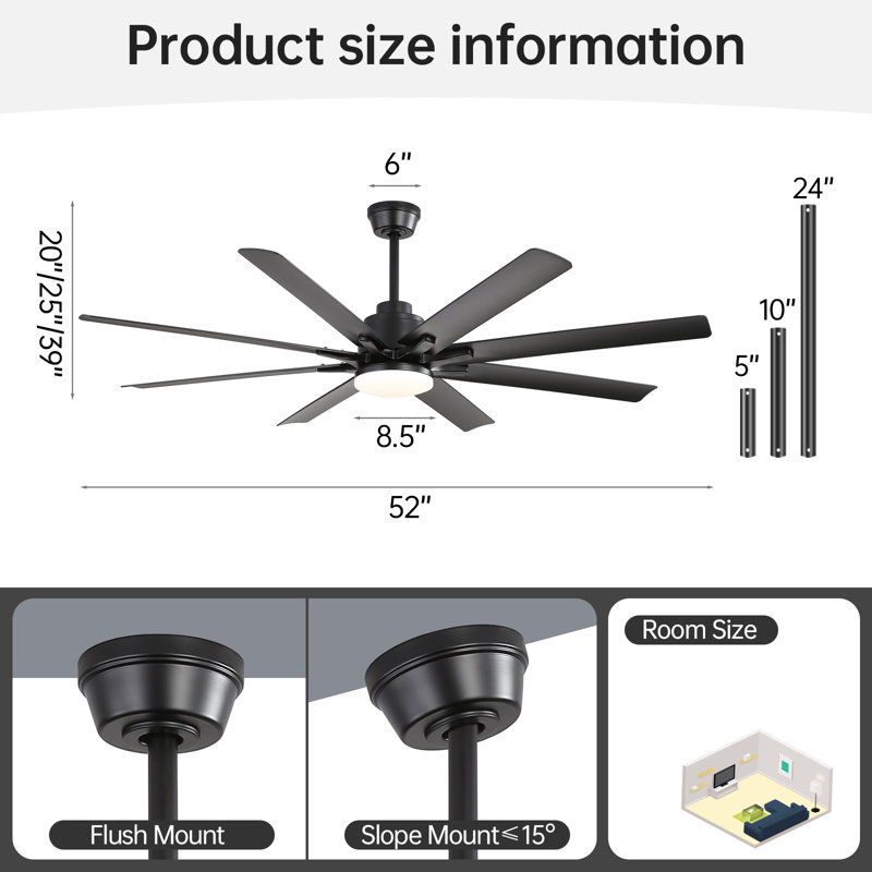 Brixham 52 Inch Large Ceiling Fan With Dimmable Led Light 8 Abs Blades Smart Remote Control Reversible Dc Motor For Living Room