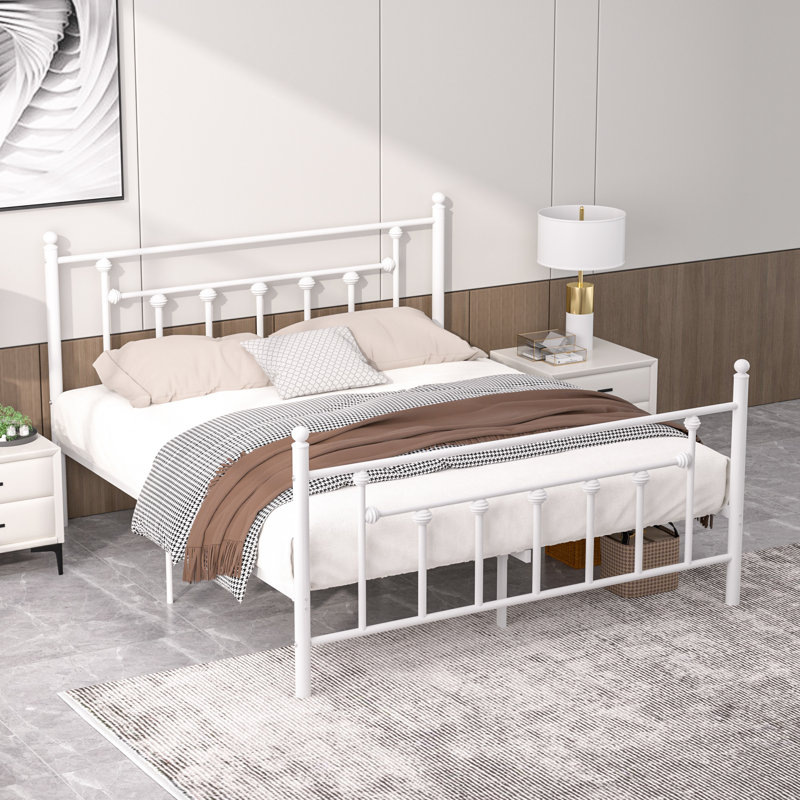 YT Metal Bed Frame w/Headboard and Footboard Platform Bed Frame Single Double Size, White, Double (4'6)