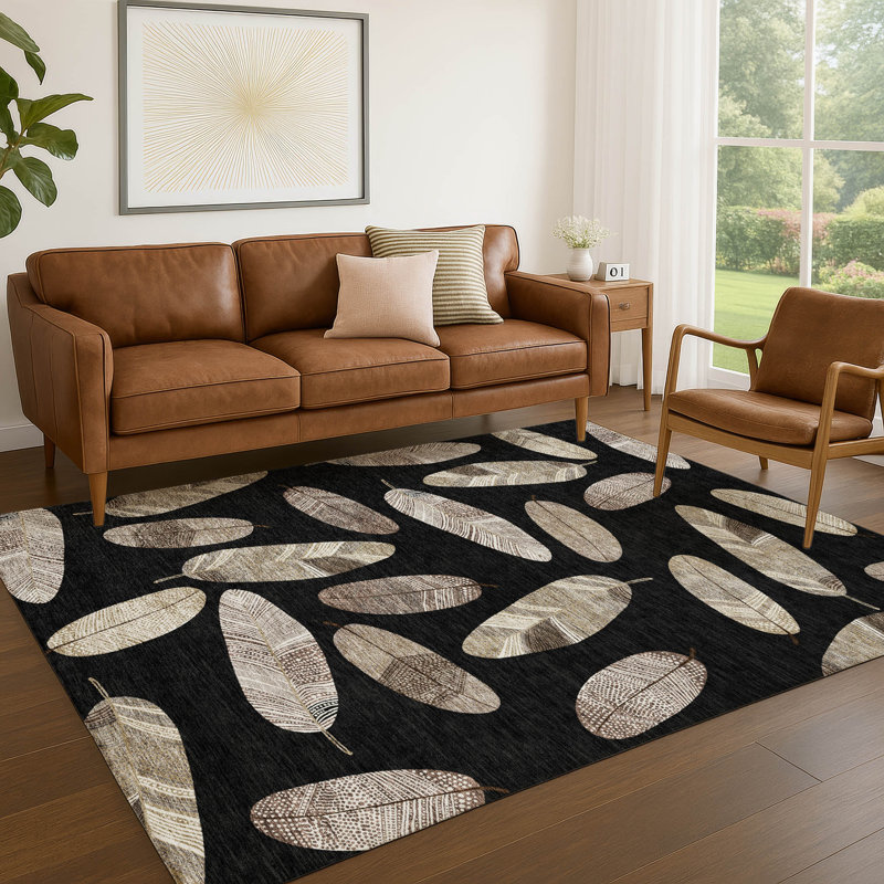 Machine Washable Indoor/Outdoor Chantille ACN2649 Botanical Rug, 5' x 7'6", Black