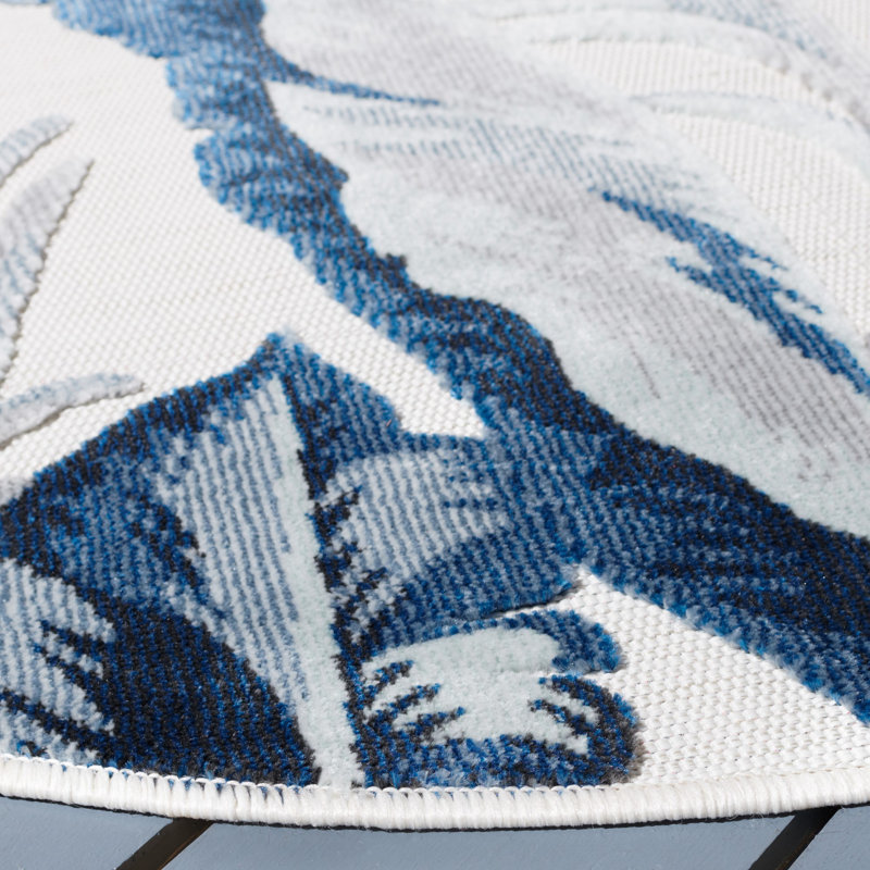 Tapis intérieur / extérieur floral ivoire / bleu marine / gris Sandisfield, Rond 6 pi 5 po
