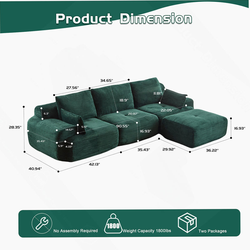 Boneless Modern Memory Foam Compressed Sofa, Large Sectional Couches For Various Living Spaces, Pet-Friendly Cloud Modular Sectional Sofa, Corduroy Fabric, Extra Deep Loveseat, No Assembly Needed
