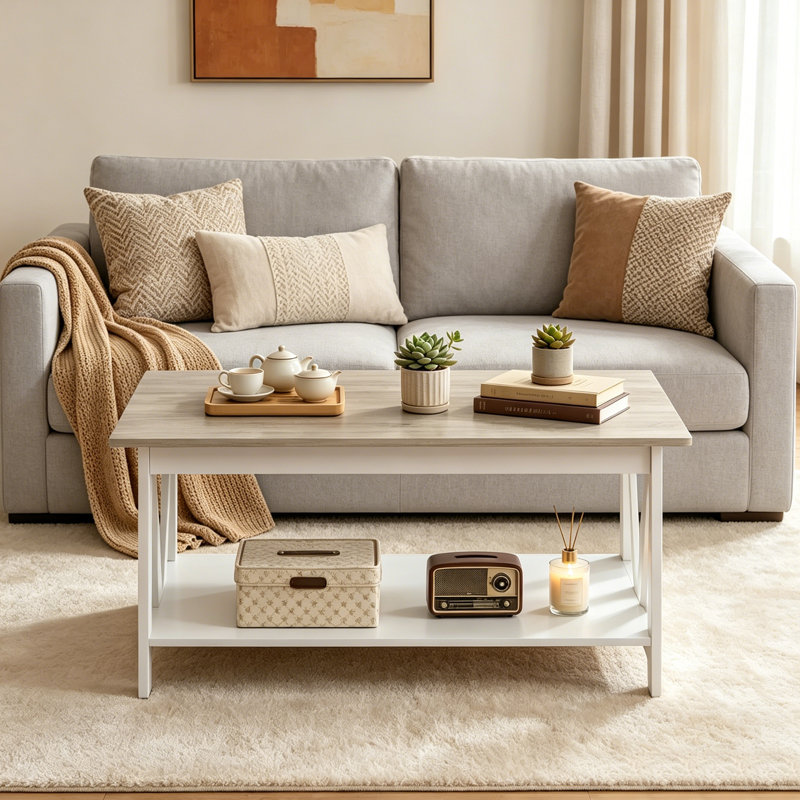 Table basse rustique de style campagnard de 100 cm avec étagère de rangement à 2 niveaux, structure en V renforcée en bois composite, résistante aux rayures et à l'eau, montage facile pour le salon