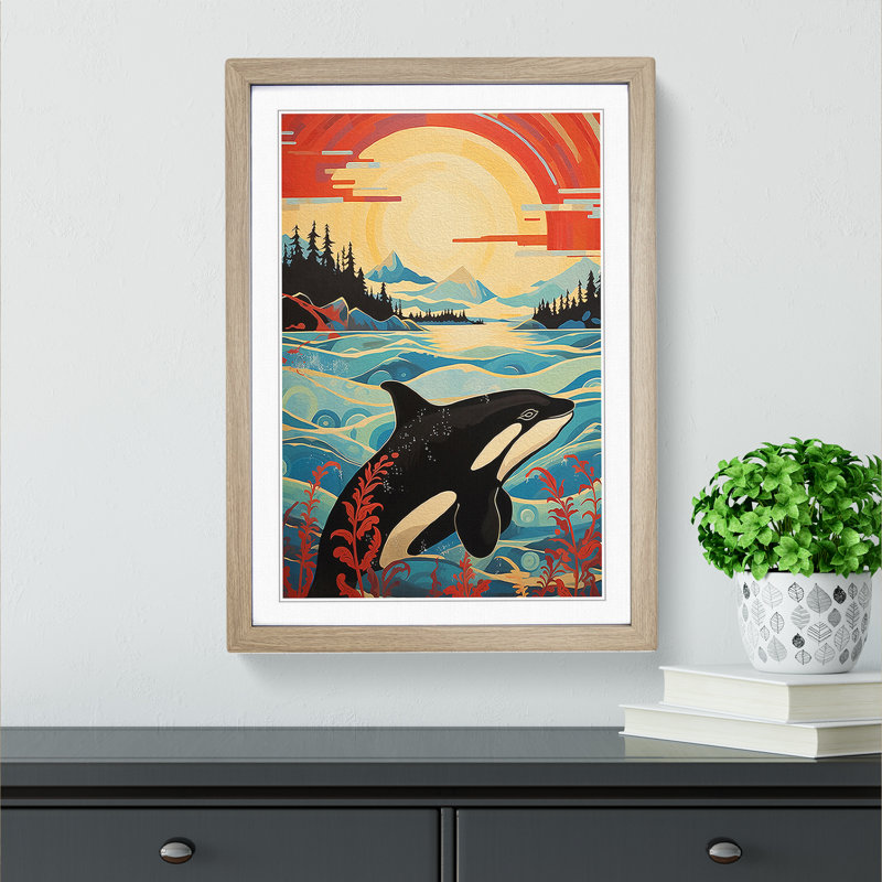 Orca Whale Modern - Single Picture Frame Print on Wood, Oak, 34cm H x 25cm W x 2cm D
