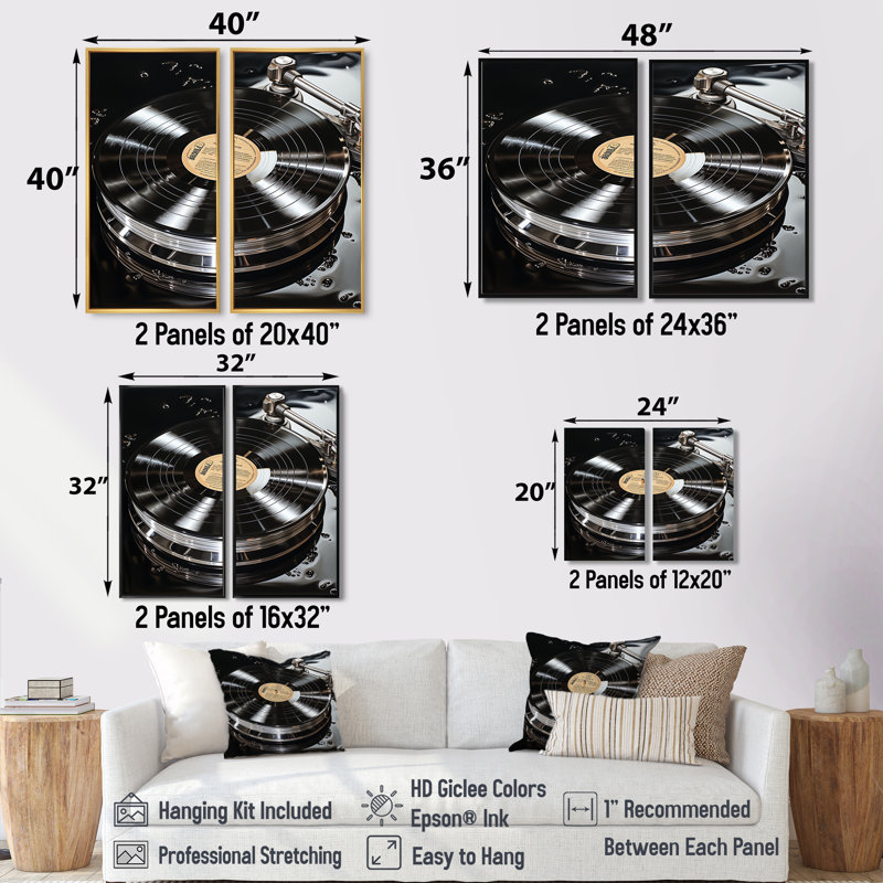 Vinyle reflet de disque vinyle - impressions d'art noires sur toile 2 panneaux, 36" H x 48" W, Impression encadrée flottante
