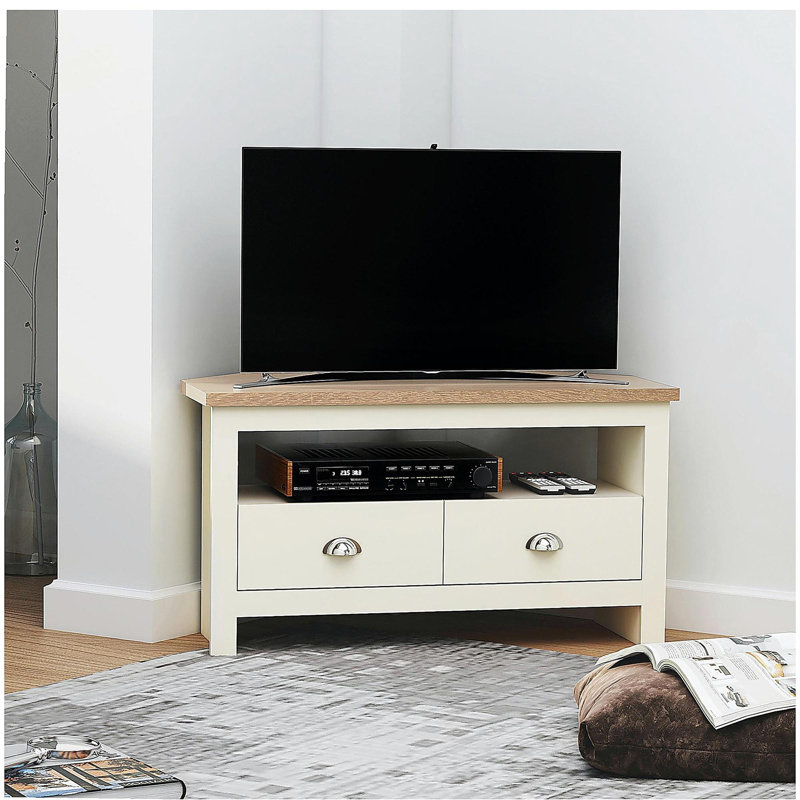 Meuble télé d'angle de 50 po maximum avec tiroirs et compartiments de rangement ouverts Meuble télé de salon, blanc
