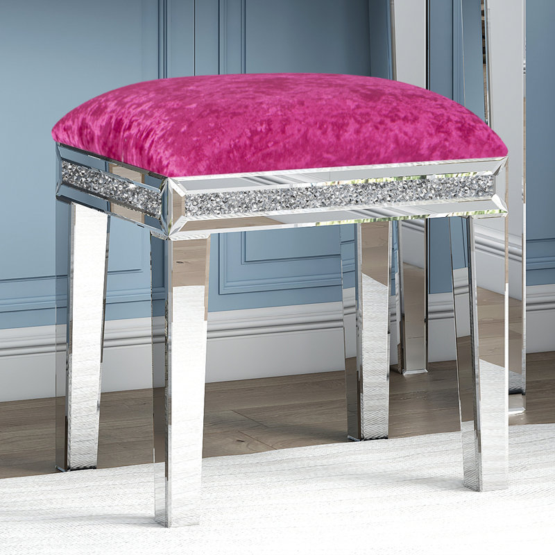 Mikayil Mirrored Glass Vanity Dressing Table Stool Decorative Accent Stool, Pink