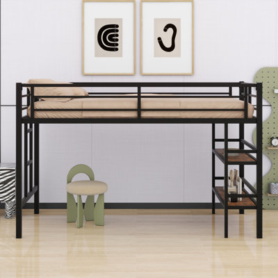 Metal Loft Bed With Storage Shelf, Ladder And Guardrails by Wrought Studio