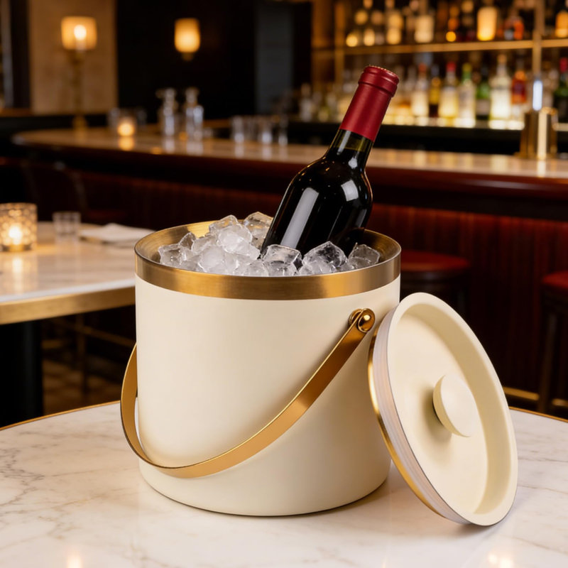 Seau à glace en acier inoxydable blanc de 3 litres avec couvercle pour comptoir de bar et service à vin
