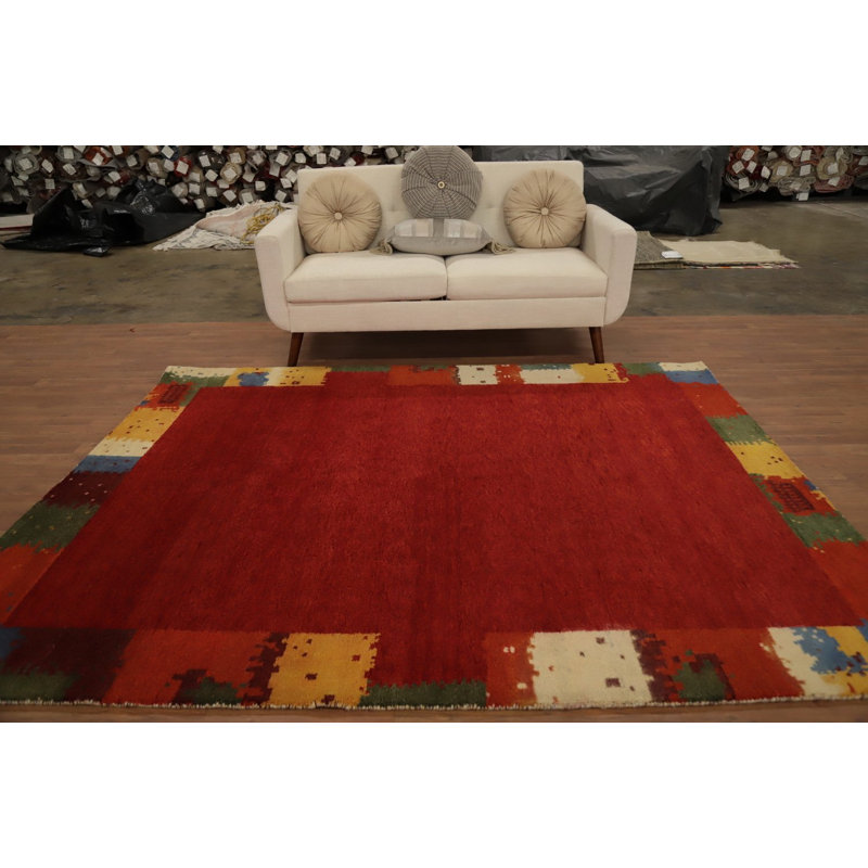 Tapis rouge vibrant de style Gabbeh 6 x 8 avec bordure multicolore faite à la main