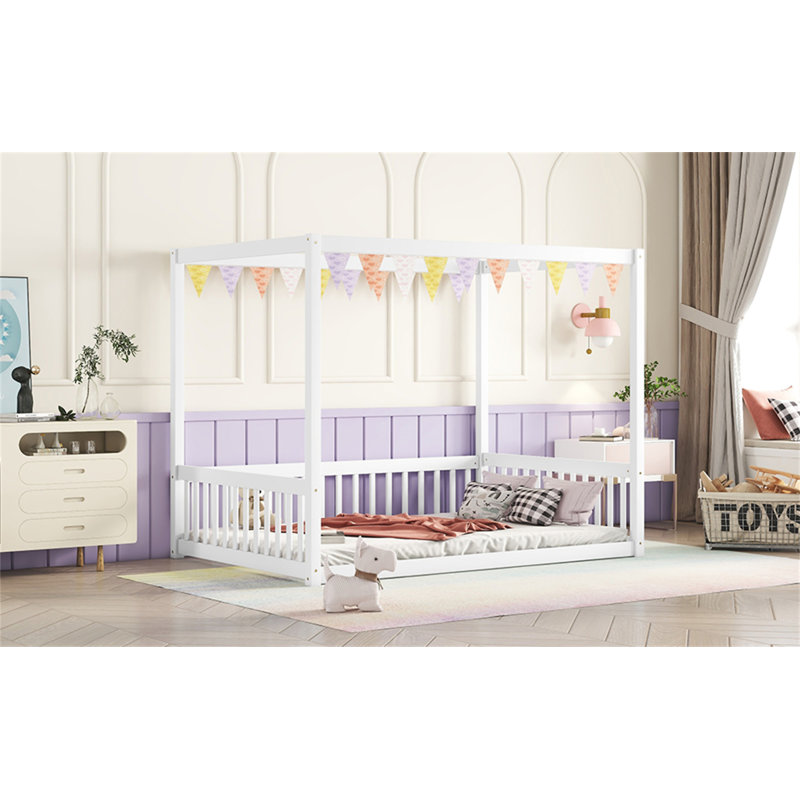 Lit en bois d'hévéa avec clôture Canopy, Blanc