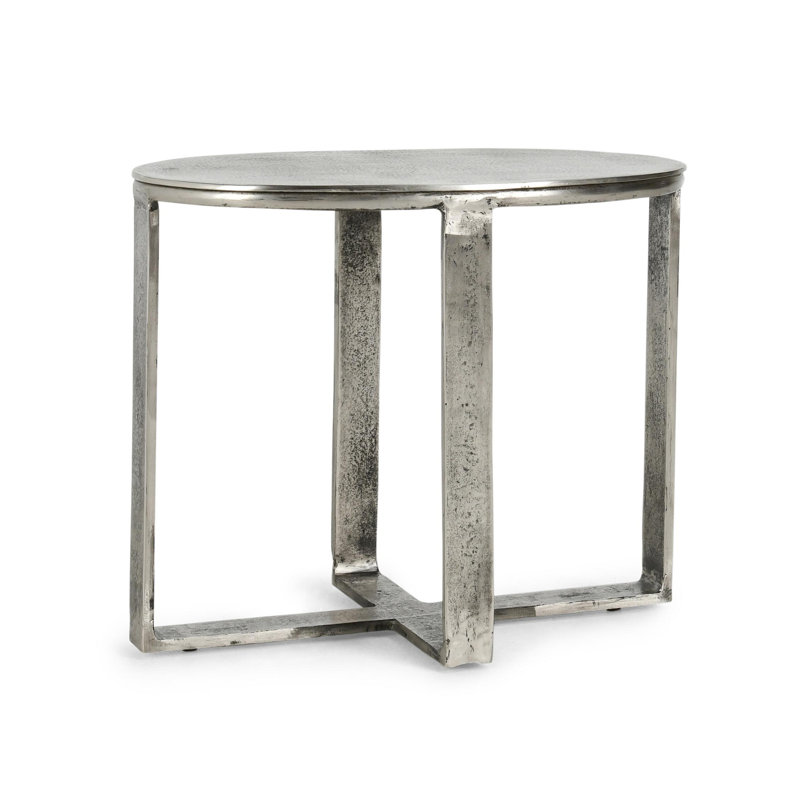 Hand-Brushed Silver Oval Metal End Table