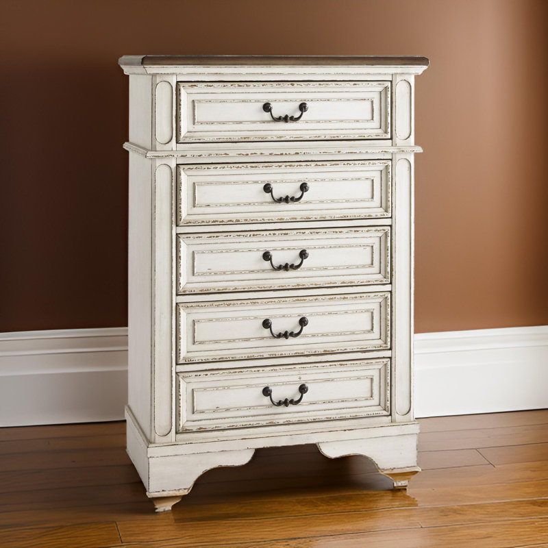 Cottage Charm Antique White 5-Drawer Chest with Felt Lined Drawers
