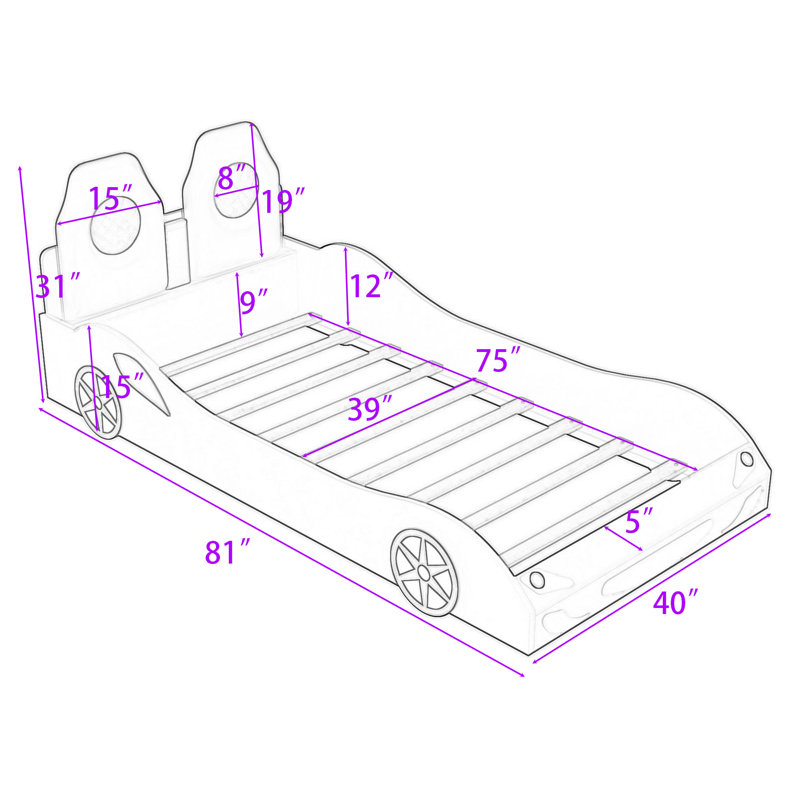 Twin Wood Race Car-Shaped Platform Bed with LED and Upholstered Backrest, White