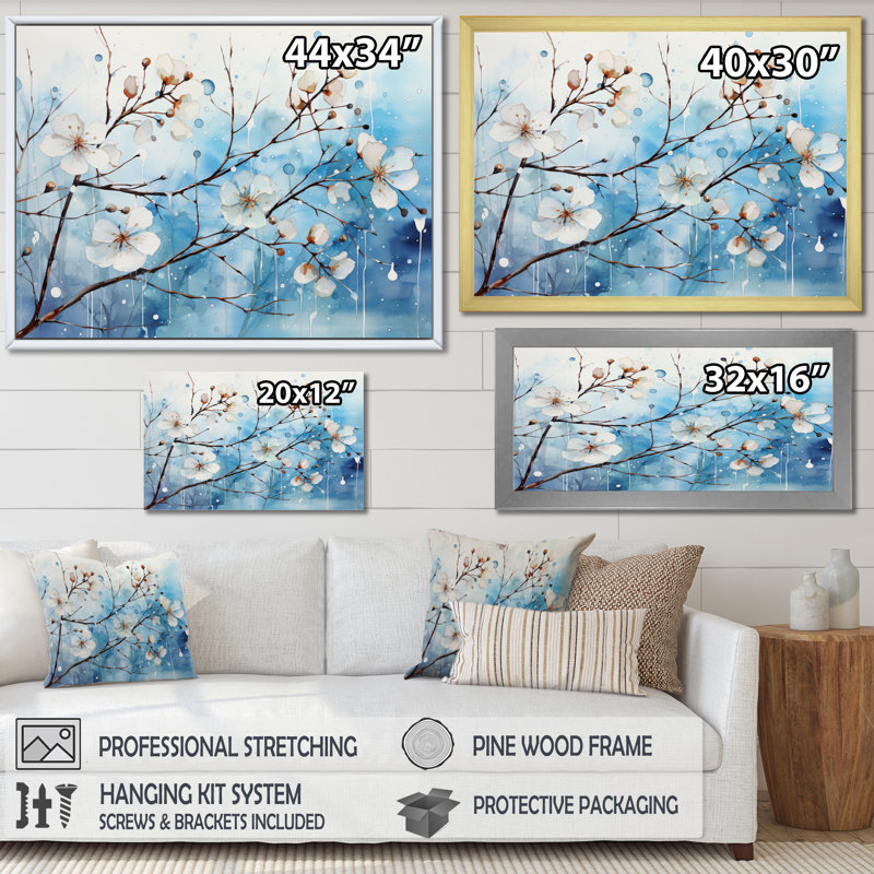 "Blue Blossom On Winter Scenery II", reproduction d'art sur toile, H 30 po x l 40 po x P 1,5 po, Cadre flottant noir