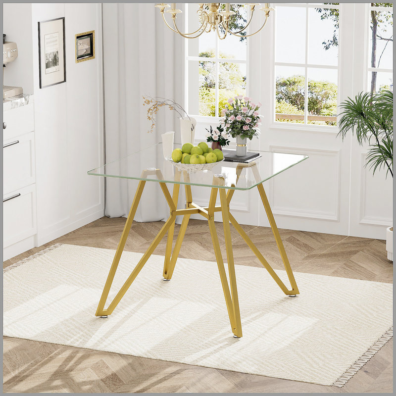 Table de salle à manger carrée en verre trempé pour petits espaces - Base en métal robuste, design minimaliste moderne