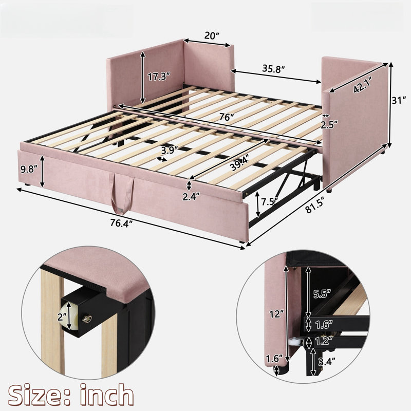 Upholstered Daybed With Pop Up Trundle, Pink
