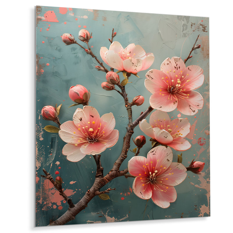  «Pink Gray Cherry Blossom Feminine Charm II - Décoration murale cerisier en fleurs, Métal métal, H 16 po x l 32 po