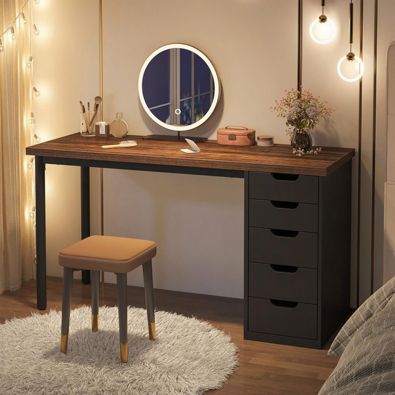 Bureau d'ordinateur 47 po avec 5 tiroirs, armoire réversible et bureau à domicile noir avec rangement