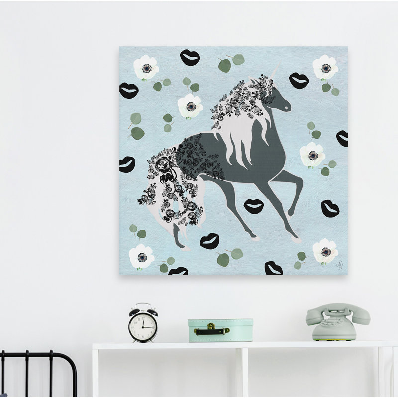 Reproduction de licorne florale noire Leonaldo sur toile tendue, H 12 po x l 12 po