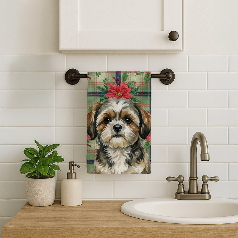 Brindle Shih Tzu Christmas PoinsettIas Kitchen Towel, Brindle Shih Tzu